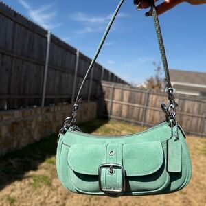 Coach Womens Suede Small Shoulder Bag Green Mint Buckle Y2K Quiet Luxury Boho